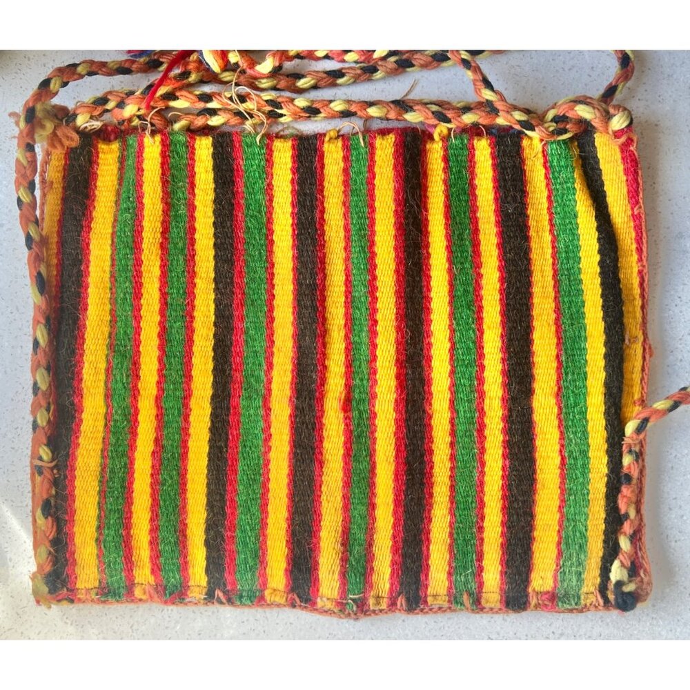 Bolivian Chuspa Cocoa Leaf Bag Backpack 11x14 Handwoven Wool Geometric & Striped - Picture 2 of 14